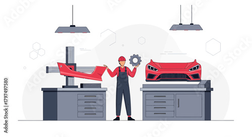 Automotive engineering innovation: A mechanic designs a car with advanced technology and precision
