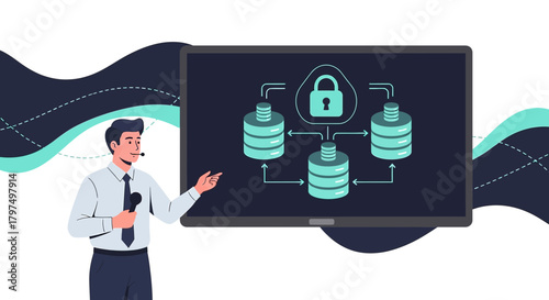 Cartoon man presents secure database system during a corporate technology seminar illustration