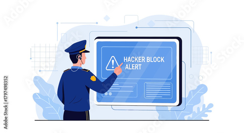 Cybersecurity police officer blocking hacker attack with a security alert screen