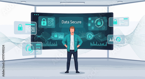Data security expert standing confidently in front of a big screen displaying secure information