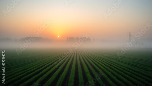 sedition. Early morning farmland with straight furrows under misty golden light. travel magazines, destination branding, designed for travel destination branding, used by ngo communicators.