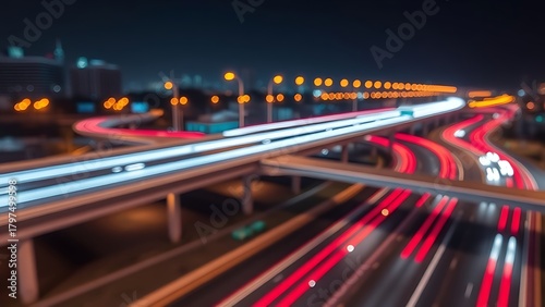 interchange. Neon-lit highway interchange at night with dynamic light trails, portraying urban energy. mobility guides, transit brochures, designed for transport & logistics marketing.