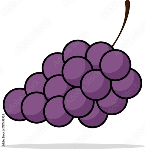 Cluster of stylized purple grapes with short stem, isolated on clean white background with soft drop shadow.