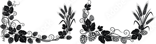 Decorative corner elements featuring intertwined hop cones and ripe wheat ears for brewing themes