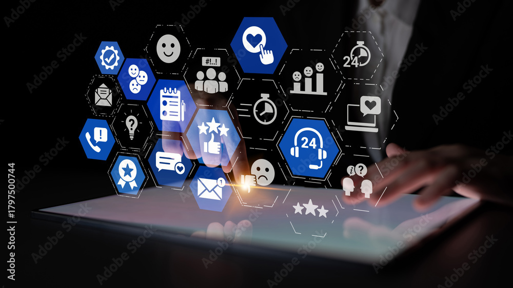 Fototapeta premium Customer experience review analysis, customer satisfaction improvement, feedback data evaluation, service quality enhancement, and business reputation through online review insights. Entice