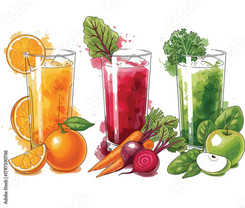 Set of Healthy Vegetable and Fruit Juices in Glasses Vector Illustration - Watercolor Detox Drink Graphic