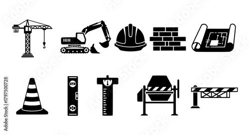 Construction engineering project planning blueprint crane excavator icons vector graphic design elements silhouette