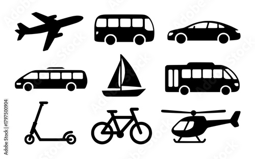 Transportation icons vector graphic design elements for travel and vehicle symbol graphic resources usage silhouette