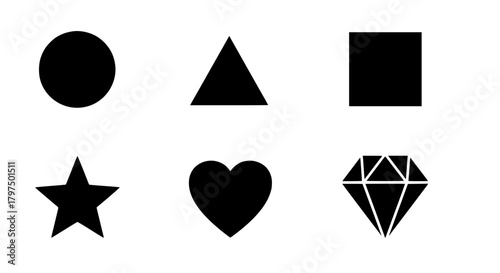 Black vector icons group  with basic geometric forms arranged simply on a plain white background in a symmetrical and organized manner silhouette