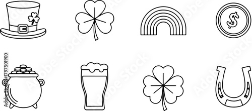 Festive St. Patrick's Day line art icons with shamrocks, gold, and Irish charm, perfect for holiday greetings and celebratory designs, originally vector based