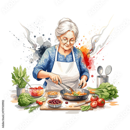 Watercolor Grandma Cooking Vegetable Pies