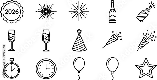 Celebrate 2026 New Year's Eve with festive icons: fireworks, champagne, party hats, clocks, balloons, and stars for a fun, joyous occasion