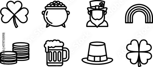 Celebrate St Patrick's Day with a delightful collection of icons including shamrocks, leprechauns, pots of gold, rainbows, beer and Irish cheer