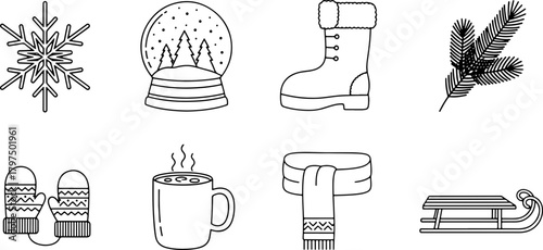 Cozy winter vibes: Snowflake, snow globe, boot, pine, mittens, hot cocoa, scarf, and sled bring festive cheer, evoking holiday joy and winter wonderland magic