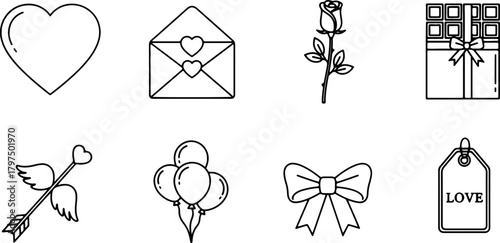 Delightful love icons: Heart, rose, chocolate, and balloons offer a sweet celebration, perfect for Valentine's Day, birthdays, or expressing affection with charm