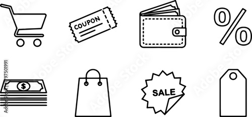 Get ready for retail therapy with this shopping icon set featuring sales, coupons, and savings! Perfect for ads, blogs, and e-commerce sites
