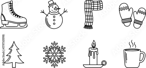 Delightful winter vibes with skating, snowman, scarf, and festive icons for cozy holiday cheer, originally vector for perfect scaling and crisp lines