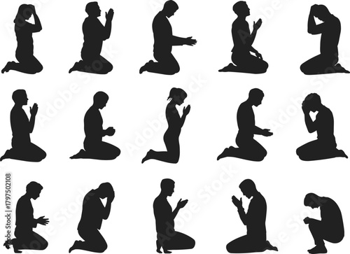 silhouette, kneeling, praying, people, spiritual, meditation, posture, black, worship, emotion, devotion, male, female, diverse, pose, religion, peaceful, illustration, contemplation, graphic, design