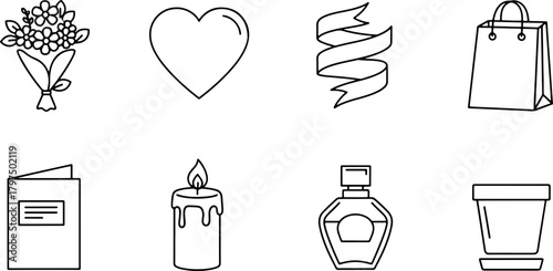 Elegant floral bouquet, heart, and perfume gift icons celebrate love and romance in a modern, minimalist style for Valentine's Day or Mother's Day