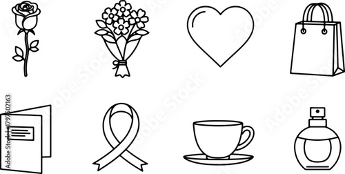 Romantic gifts sketched for Valentine's Day or Mother's Day design project, vector icons like rose, bouquet, heart, bag, card, ribbon, cup, perfume