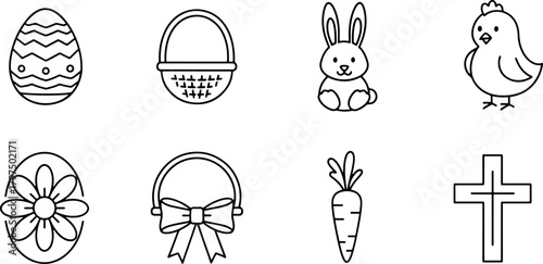 Delightful Easter icons for springtime crafts and celebrations, Easter eggs, bunny, chick, cross, and baskets create a festive and joyful atmosphere