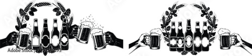 Hands toasting with foamy beer mugs surrounded by bottles and a decorative hops barley wreath