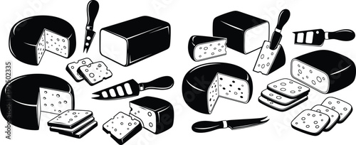 Simple silhouette collection of various cheese blocks, wedges, and knives for dairy food related designs