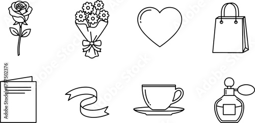 Elegant gift ideas: Outline set featuring rose, heart, bouquet, shopping bag, card, ribbon, coffee cup, and perfume bottle in minimalist style