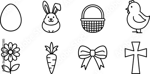 Celebrate Easter joy with this delightful collection of vector icons featuring an egg, bunny, basket, chick, flower, carrot, ribbon, and cross