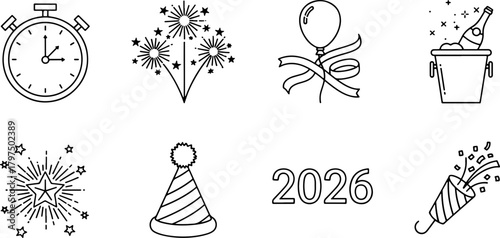 Celebrate 2026 New Year's Eve with festive fireworks, champagne, and party hats! Countdown to a joyful celebration with these delightful icons.