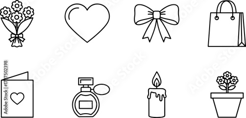 Delightful vector line art icons featuring gift elements, perfect for Valentine's Day designs, wedding invitations, or any celebration of love and affection