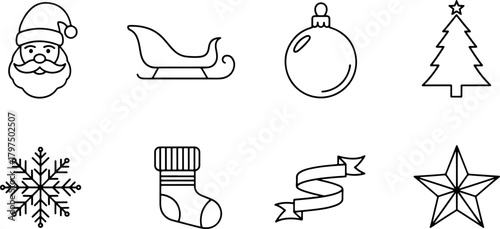 Festive Christmas cheer with minimalist Santa, sleigh, tree, ornaments, and stocking icons perfect for adding holiday spirit to any project