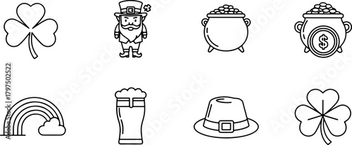 Celebrate St Patrick's Day with charming line art icons, a delightful design element perfect for festive cards, invitations, and themed promotions. Irish charm!