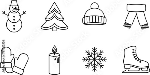 Festive winter holiday icons collection evokes joyful celebration and cozy warmth, perfect for seasonal greetings and winter themed designs, originally a vector
