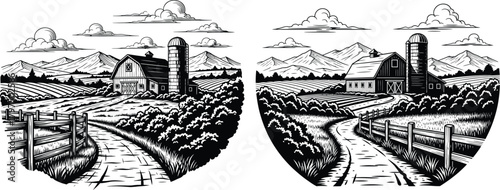 Traditional farm scene in a round emblem showcasing a barn, silo, and cultivated fields