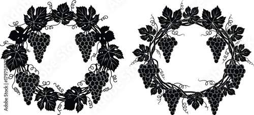 Two circular decorative frames crafted from intertwined grapevines, lush leaves, and ripe fruit bunches