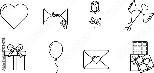 Celebrate love with delightful icons for Valentine's Day projects or romantic designs, featuring a heart, rose, cupid, and heartfelt gifts