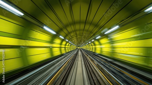 Dynamic motion blur scene view from underground subway train speeding in tunnel with glowing neon lights