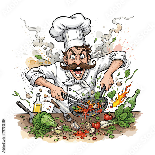 Watercolor Italian Chef Cooking Expressively