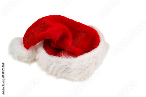 Red and white fur Santa Claus hat isolated