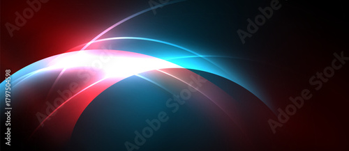 Abstract design features curved lines, vibrant colors. Red, blue, white blend creating dynamic visual effect. Smooth gradients dominate composition.