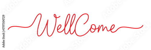 Stylish red "WellCome" text in a flowing, hand-drawn calligraphy font on a clean white background. Perfect for greeting cards, invitations, website banners, events, and a warm welcome design element.