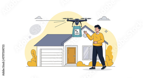 Drone delivery of medicine to a resident's home showcasing modern pharmaceutical services innovation