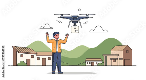 Drone delivery service modern technology with package and customer awaiting order outdoor rural area
