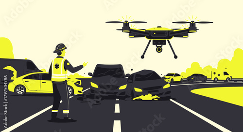 Drone Inspecting Car Accident Scene with Emergency Responder Providing Assistance after Collision