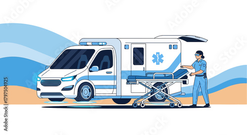 Emergency medical service with a paramedic preparing a stretcher at ambulance  illustration