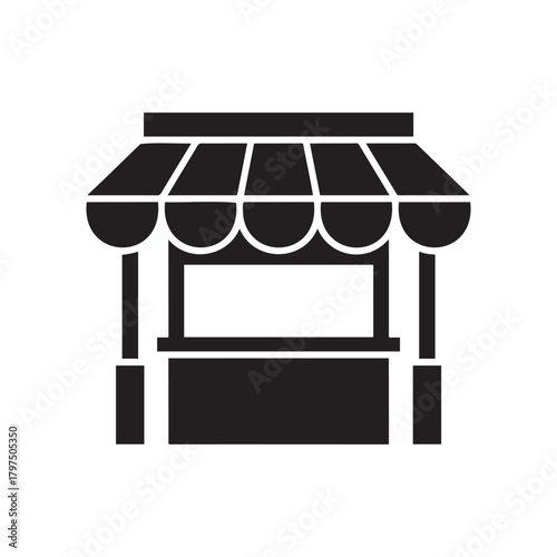 A black and white icon representing a market stall or kiosk with a striped awning and counter