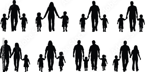 Silhouette families walking together holding hands, parents and children group illustration showing unity, bonding, love, family relationship and caring lifestyle concept