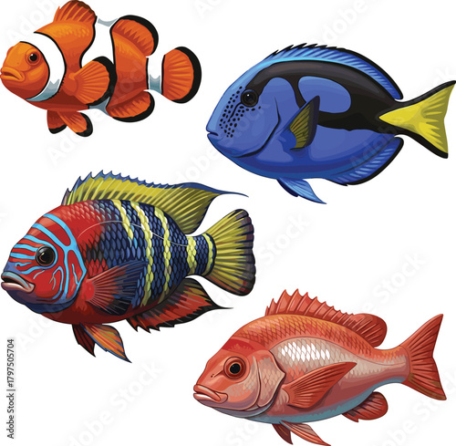 Set of Realistic Tropical Fish Vector Illustration - Clownfish, Blue Tang, and Marine Life Graphic
