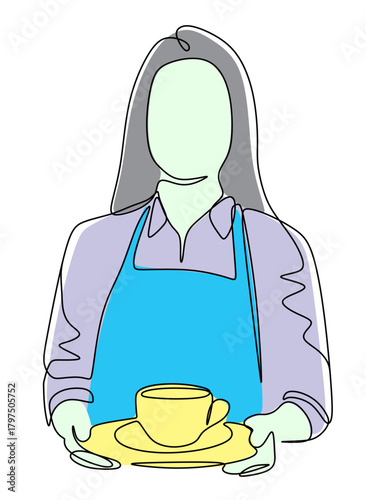 Continuous line art of a woman working as a cafe waitress bringing a cup of coffee to a customer. The concept of the best service in a cafe or bar. Vector illustration with beautiful colors.